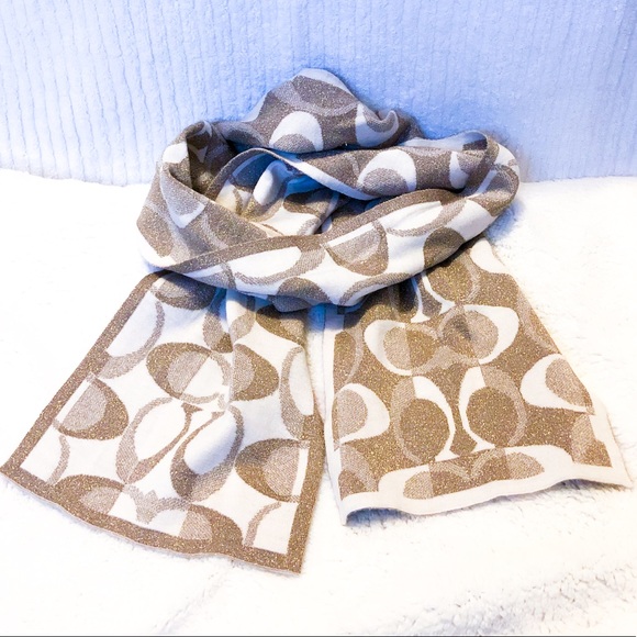 Coach Designer Monogram Gold Ivory Glitter Scarf - Picture 2 of 6